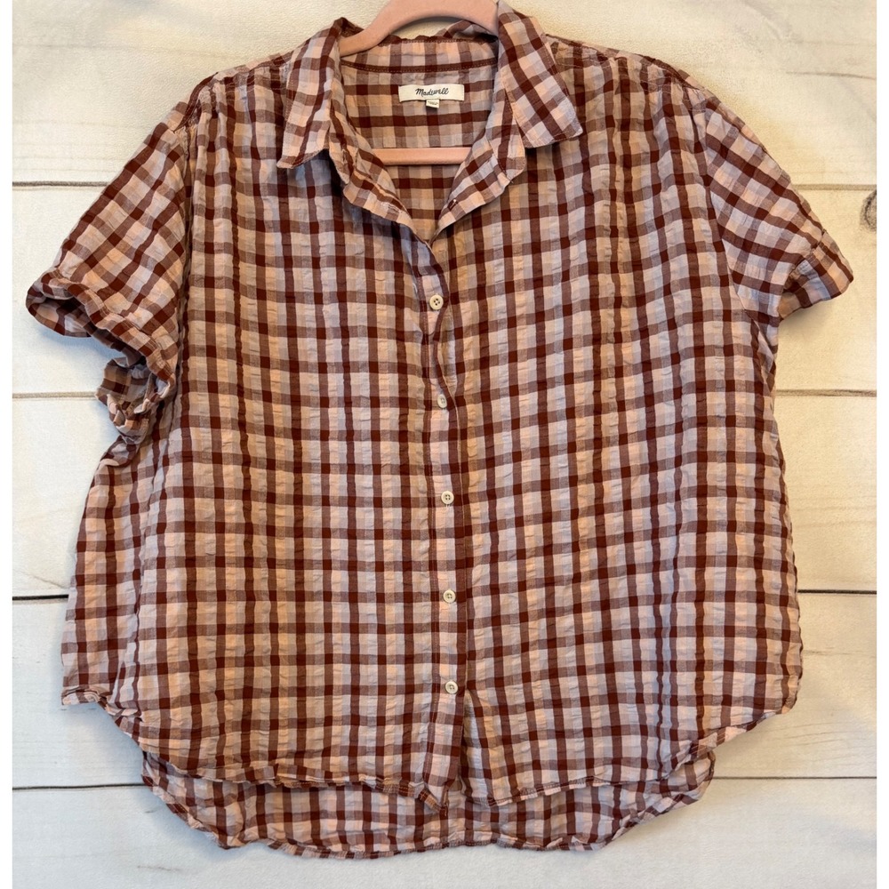 Madewell Brown Gingham Short Sleeve Button Down Shirt XL Cotton Neutral Top